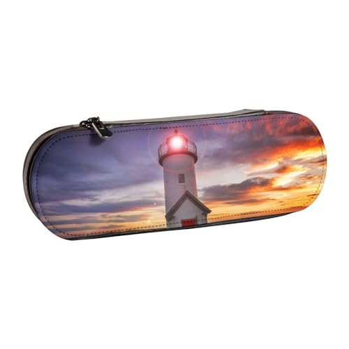WSHFFILO Bedrucktes Leder-Federmäppchen mit Leuchtturm-Motiv, tragbare Schreibwaren-Tasche von WSHFFILO