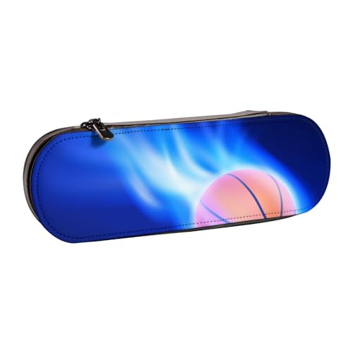 WSHFFILO Blaues Feuer-Basketball-Federmäppchen, Leder, tragbar, Schreibwaren-Tasche von WSHFFILO