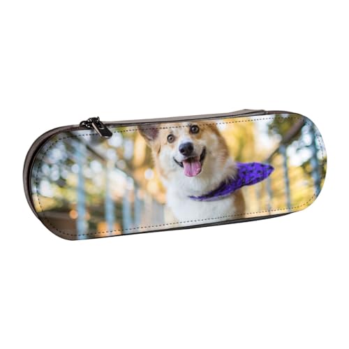 WSHFFILO Dog Corgi Federmäppchen, Leder, bedruckt, tragbar, Schreibwarenetui von WSHFFILO