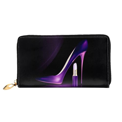 WSHFFILO Elegante violette High Heels mit Lippenstift bedruckter Ledergeldbörse lange Clutch tragbare Reisebrieftasche, Schwarz , Einheitsgröße von WSHFFILO
