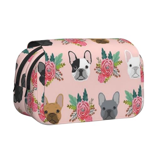 WSHFFILO Federmäppchen, Motiv: Französische Bulldogge und Blumen, bedruckt, doppeltes Klappetui, Federmäppchen, tragbare Schreibwaren-Tasche, Schwarz , Einheitsgröße, Münztasche von WSHFFILO