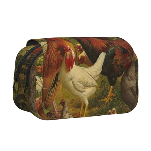 WSHFFILO Federmäppchen, Motiv: Hühner und Bauernhof, bedruckt, doppeltes Klappetui, Federmäppchen, tragbare Schreibwaren-Tasche, Schwarz , Einheitsgröße, Münztasche von WSHFFILO