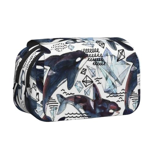 WSHFFILO Federmäppchen, Motiv: Killerwal, doppeltes Klappetui, Federmäppchen, tragbare Schreibwaren-Tasche, Schwarz , Einheitsgröße, Münztasche von WSHFFILO