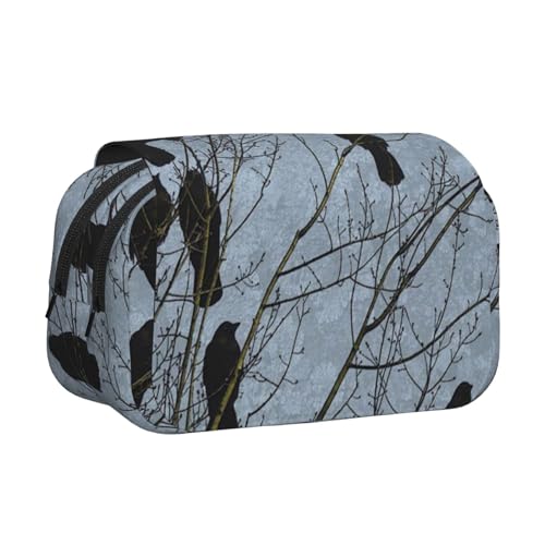 WSHFFILO Federmäppchen, Motiv: Krähenvögel, bedruckt, doppeltes Klappetui, Federmäppchen, tragbare Schreibwarentasche, Schwarz, Schwarz , Einheitsgröße, Münztasche von WSHFFILO