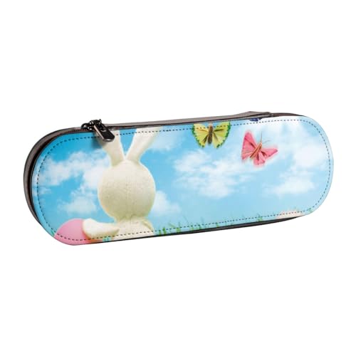 WSHFFILO Federmäppchen, Motiv: Osterhase mit Eiern und Frühlingsschmetterling, bedrucktes Leder-Federmäppchen, tragbare Schreibwar von WSHFFILO