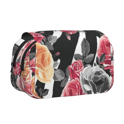 WSHFFILO Federmäppchen, Motiv: Rosen, Blumen, Zebrastreifen, bedruckt, doppeltes Klappetui, Federmäppchen, tragbare Schreibwarentasche, Schwarz , Einheitsgröße, Münztasche von WSHFFILO