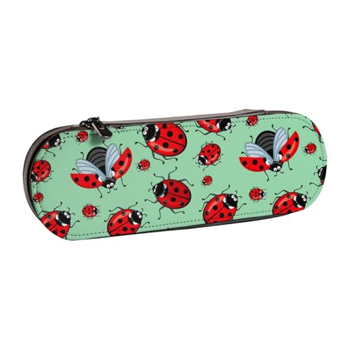 WSHFFILO Federmäppchen, Motiv: rote Marienkäfer auf blauem Hintergrund, bedrucktes Leder-Federmäppchen, tragbare Schreibwaren-Tasche von WSHFFILO