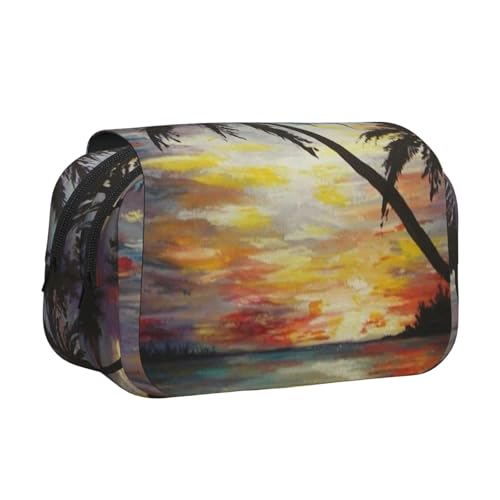 WSHFFILO Federmäppchen, Motiv: tropischer Sonnenuntergang, bedruckt, doppeltes Klappetui, Federmäppchen, tragbare Schreibwaren-Tasche, Schwarz , Einheitsgröße, Münztasche von WSHFFILO