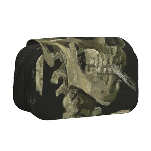 WSHFFILO Federmäppchen, Skelett mit brennender Zigarette, bedruckt, doppeltes Klappetui, Federmäppchen, tragbare Schreibwarentasche, Schwarz , Einheitsgröße, Münztasche von WSHFFILO