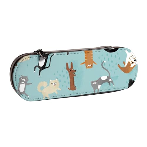 WSHFFILO Federmäppchen aus Leder, Motiv: Katzen und Hunde, bedruckt, tragbar, Schreibwaren-Tasche von WSHFFILO