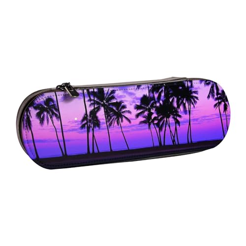 WSHFFILO Federmäppchen aus Leder, Motiv: Palme, violett, Sonnenuntergang, tragbare Schreibwaren-Tasche von WSHFFILO