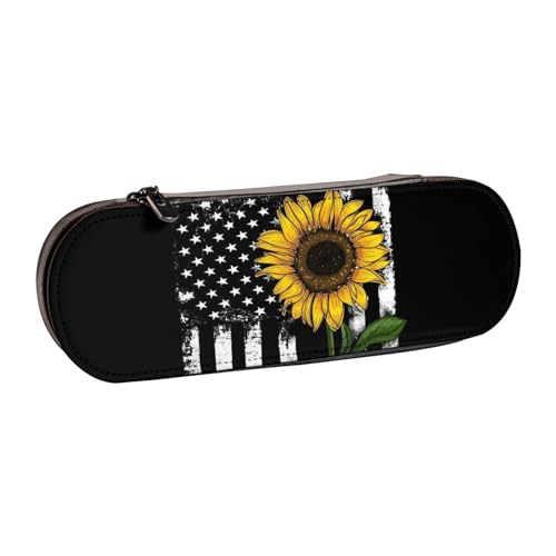 WSHFFILO Federmäppchen aus Leder, Motiv: Sonnenblume und amerikanische Flagge, tragbar, Schreibwarenetui von WSHFFILO