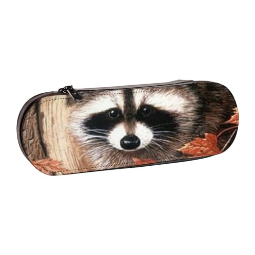 WSHFFILO Federmäppchen aus Leder, Motiv: Waschbär im Herbstbaum, bedruckt, tragbare Schreibwaren-Tasche von WSHFFILO
