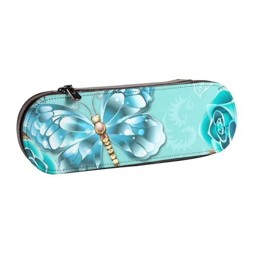 WSHFFILO Federmäppchen aus Leder, mit Schmetterlingsmotiv, tragbar, Hellblau von WSHFFILO