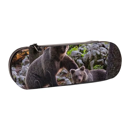WSHFFILO Federmäppchen aus Leder mit Bären-Aufdruck, tragbare Schreibwaren-Tasche von WSHFFILO