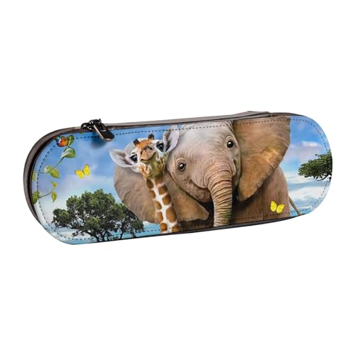 WSHFFILO Federmäppchen aus Leder mit Elefant und Giraffe, tragbar, Schreibwarenetui von WSHFFILO