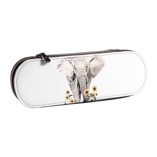 WSHFFILO Federmäppchen aus Leder mit Elefanten- und Sonnenblumen-Aufdruck, tragbare Schreibwaren-Tasche von WSHFFILO