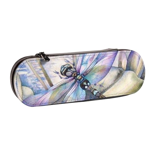 WSHFFILO Federmäppchen aus Leder mit Libelle auf Lotusblüte bedruckt, tragbare Schreibwaren-Tasche von WSHFFILO