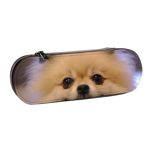 WSHFFILO Federmäppchen aus Leder mit kurzhaarigem Pomeranian bedruckt, tragbare Schreibwaren-Tasche von WSHFFILO