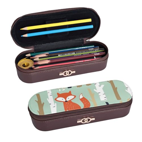 WSHFFILO Federmäppchen aus Leder mit niedlichem Fuchs, Bär, Vogel, Hasenbaum, bedruckt, tragbar, Schreibwarenbeutel von WSHFFILO