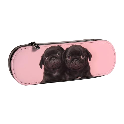 WSHFFILO Federmäppchen aus Leder mit niedlichem Mops-Motiv, tragbar, Schwarz von WSHFFILO