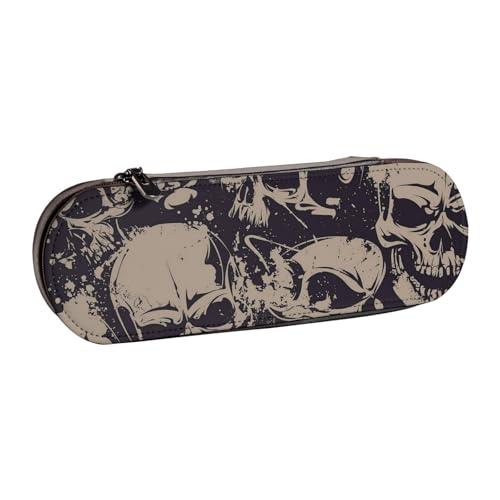 WSHFFILO Federmäppchen mit Aufschrift "Many Skulls Get Together", bedrucktes Leder-Federmäppchen, tragbare Schreibwar von WSHFFILO