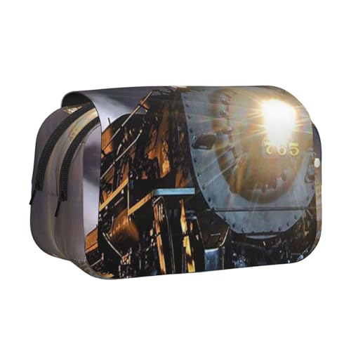 WSHFFILO Federmäppchen mit Dampfzug bedruckt, doppeltes Klappetui, Federmäppchen, tragbare Schreibwaren-Tasche, Schwarz , Einheitsgröße, Münztasche von WSHFFILO