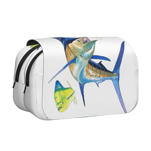 WSHFFILO Federmäppchen mit Fischkunstdruck, doppeltes Klappetui, Federmäppchen, tragbare Schreibwaren-Tasche, Schwarz , Einheitsgröße, Münztasche von WSHFFILO