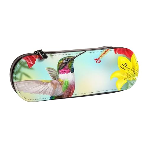 WSHFFILO Federmäppchen mit Kolibris und rotem Hibiskus, bedrucktes Leder-Federmäppchen, tragbare Schreibwaren-Tasche von WSHFFILO
