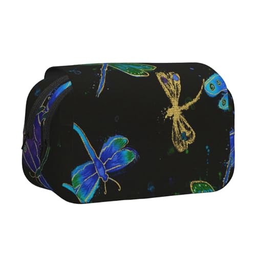 WSHFFILO Federmäppchen mit Libellen-Motiv, doppeltes Klappetui, Federmäppchen, tragbare Schreibwaren-Tasche, Schwarz , Einheitsgröße, Münztasche von WSHFFILO