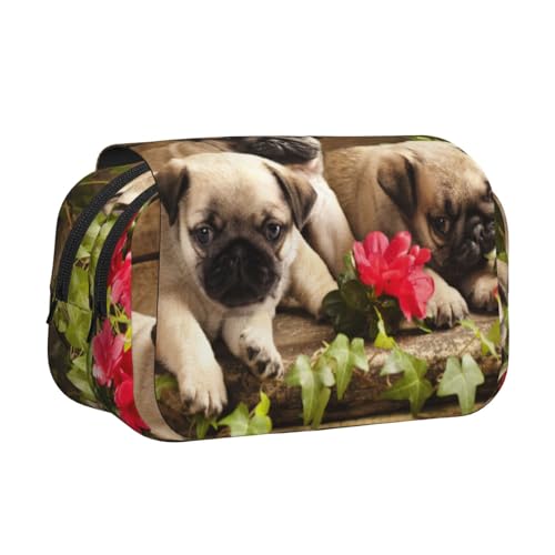 WSHFFILO Federmäppchen mit Mops-Aufdruck, doppeltes Klappetui, Federmäppchen, tragbare Schreibwaren-Tasche, Schwarz , Einheitsgröße, Münztasche von WSHFFILO