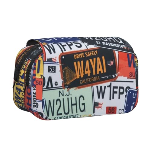 WSHFFILO Federmäppchen mit Nummernschild-Druck, doppeltes Klappetui, Federmäppchen, tragbare Schreibwarentasche, Schwarz , Einheitsgröße, Münztasche von WSHFFILO