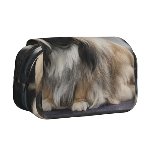 WSHFFILO Federmäppchen mit Pekinese-Motiv, bedruckt, doppeltes Klappetui, Federmäppchen, tragbare Schreibwaren-Tasche, Schwarz , Einheitsgröße, Münztasche von WSHFFILO