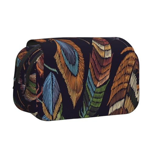 WSHFFILO Federmäppchen mit Pfauenfeder-Druck, doppeltes Klappetui, Federmäppchen, tragbare Schreibwarentasche, Schwarz , Einheitsgröße, Münztasche von WSHFFILO