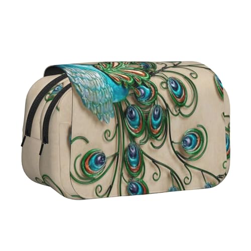 WSHFFILO Federmäppchen mit Pfauenmuster, doppeltes Klappetui, Federmäppchen, tragbare Schreibwarentasche, Schwarz , Einheitsgröße, Münztasche von WSHFFILO