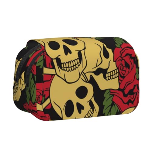 WSHFFILO Federmäppchen mit Rosen- und Totenkopf-Aufdruck, doppeltes Klappetui, Federmäppchen, tragbare Schreibwarentasche, Schwarz , Einheitsgröße, Münztasche von WSHFFILO
