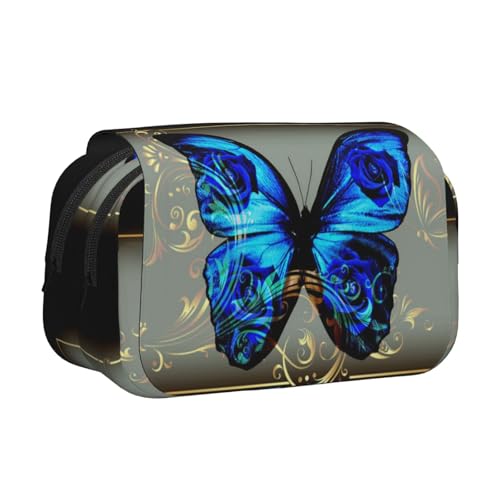 WSHFFILO Federmäppchen mit Schmetterlingsdruck, doppeltes Klappetui, Federmäppchen, tragbare Schreibwarentasche, Blau, Schwarz , Einheitsgröße, Münztasche von WSHFFILO