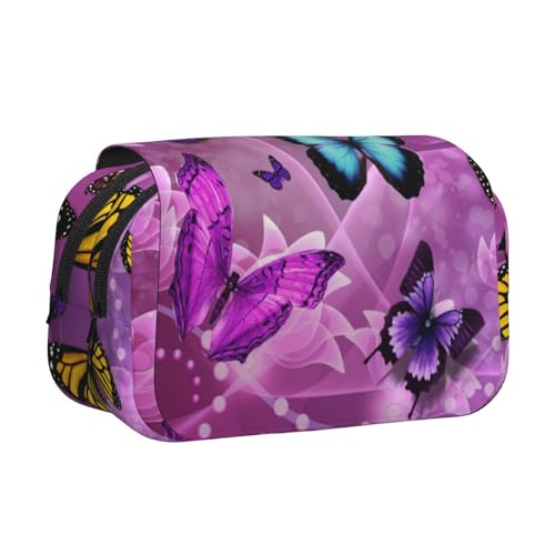 WSHFFILO Federmäppchen mit Schmetterlingsmotiv, Violett, doppeltes Klappetui, Federmäppchen, tragbare Schreibwaren-Tasche, Schwarz , Einheitsgröße, Münztasche von WSHFFILO