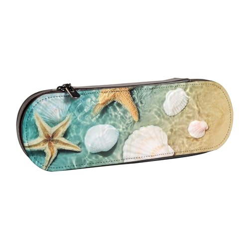 WSHFFILO Federmäppchen mit Seestern- und Muschelmuster, bedrucktes Leder-Federmäppchen, tragbare Schreibwaren-Tasche von WSHFFILO