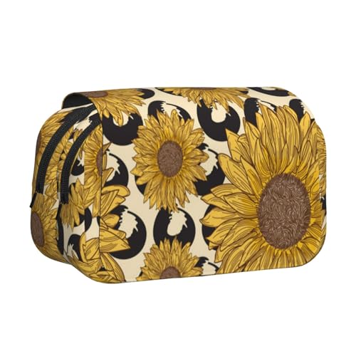 WSHFFILO Federmäppchen mit Sonnenblumen-Aufdruck, doppeltes Klappetui, Federmäppchen, tragbare Schreibwarentasche, Schwarz , Einheitsgröße, Münztasche von WSHFFILO