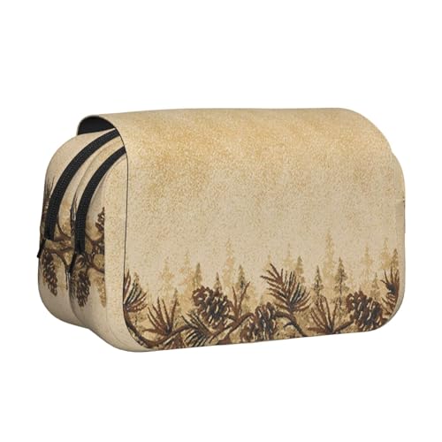 WSHFFILO Federmäppchen mit Tannenzapfen-Bordüre, bedruckt, doppeltes Klappetui, Federmäppchen, tragbare Schreibwaren-Tasche, Schwarz , Einheitsgröße, Münztasche von WSHFFILO