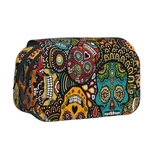 WSHFFILO Federmäppchen mit Totenkopf-Aufdruck, doppeltes Klappetui, Federmäppchen, tragbare Schreibwaren-Tasche, Schwarz , Einheitsgröße, Münztasche von WSHFFILO