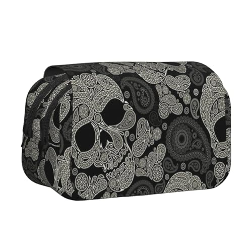 WSHFFILO Federmäppchen mit Totenkopf-Aufdruck, doppeltes Klappetui, Federmäppchen, tragbare Schreibwarentasche, Schwarz , Einheitsgröße, Münztasche von WSHFFILO
