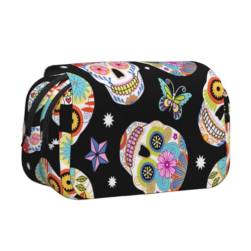 WSHFFILO Federmäppchen mit Totenkopf-Motiv, doppeltes Klappetui, Federmäppchen, tragbare Schreibwaren-Tasche, Schwarz , Einheitsgröße, Münztasche von WSHFFILO