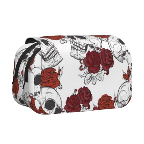 WSHFFILO Federmäppchen mit Totenkopf-Motiv, doppeltes Klappetui, Federmäppchen, tragbare Schreibwarentasche, Schwarz , Einheitsgröße, Münztasche von WSHFFILO