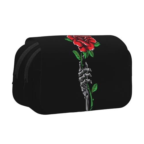 WSHFFILO Federmäppchen mit Totenkopf-Rosen-Aufdruck, doppeltes Klappetui, Federmäppchen, tragbare Schreibwarentasche, Schwarz , Einheitsgröße, Münztasche von WSHFFILO