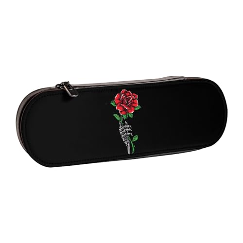 WSHFFILO Federmäppchen mit Totenkopf-Rosen-Motiv, Leder, tragbar, Schreibwaren-Tasche von WSHFFILO