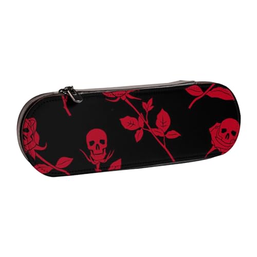 WSHFFILO Federmäppchen mit Totenkopf-Rosen-Motiv, Leder, tragbar, Schreibwaren-Tasche von WSHFFILO