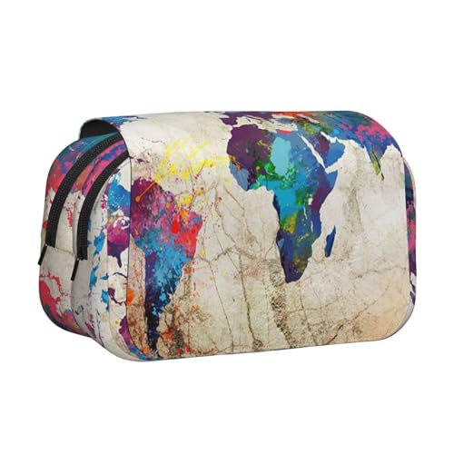 WSHFFILO Federmäppchen mit abstrakter Weltkarte, bedruckt, doppeltes Klappetui, Federmäppchen, tragbare Schreibwarentasche, Schwarz , Einheitsgröße, Münztasche von WSHFFILO