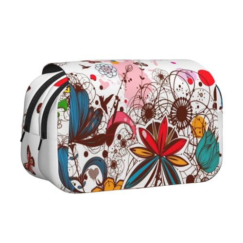 WSHFFILO Federmäppchen mit buntem Blumen- und Schmetterlingsdruck, doppeltes Klappetui, Federmäppchen, tragbare Schreibwarentasche, Schwarz , Einheitsgröße, Münztasche von WSHFFILO